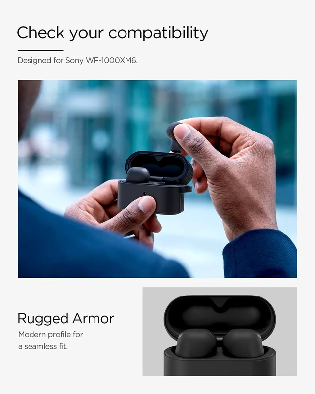 Alt view image 2 of 7 - Rugged Armor Designed for Sony WF-1000XM6 Case (2026) TPU & PC Dual Layer, Drop Protection, Carbon-fiber Accent. Included Carabiner - Matte Black
