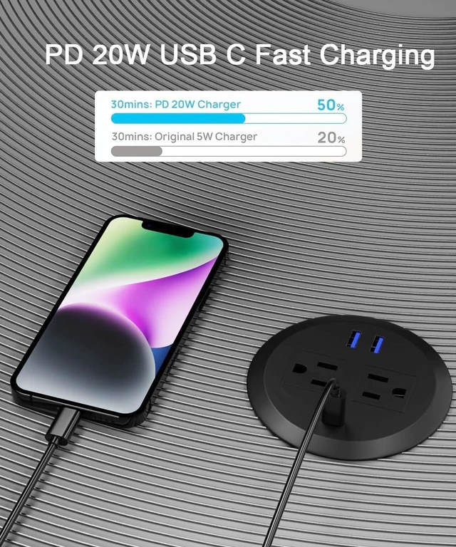 Alt view image 3 of 6 - 3-inch Desktop Power Grommet,10ft Cord,PD20W USB-C,Black Fast Charging,Easy Install,Fits 3-1/8-in Hole,Flush Mount Desk Outlet,Desk Organizer,Home Office Essentials,ETL Listed