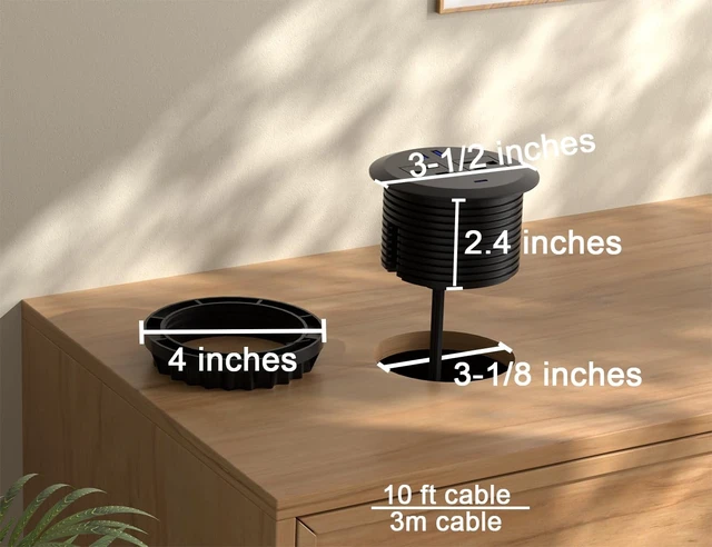 Alt view image 4 of 6 - 3-inch Desktop Power Grommet,10ft Cord,PD20W USB-C,Black Fast Charging,Easy Install,Fits 3-1/8-in Hole,Flush Mount Desk Outlet,Desk Organizer,Home Office Essentials,ETL Listed