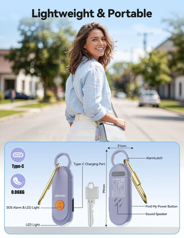 Alt view image 5 of 7 - Personal Safety Alarm, 130dB Rechargeable Alarm Keychain with LED Flashlight, Apple Find My Bluetooth Tracker, Safe Self Defense Alarm Emergency SOS for Women Students & Night Running