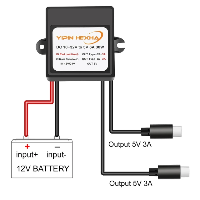 Alt view image 3 of 6 - DC 12V/24V to 5V 6A 30W Dual Type-C USB C Converter DC Buck Charging Module Electric Step Down Power Adapter