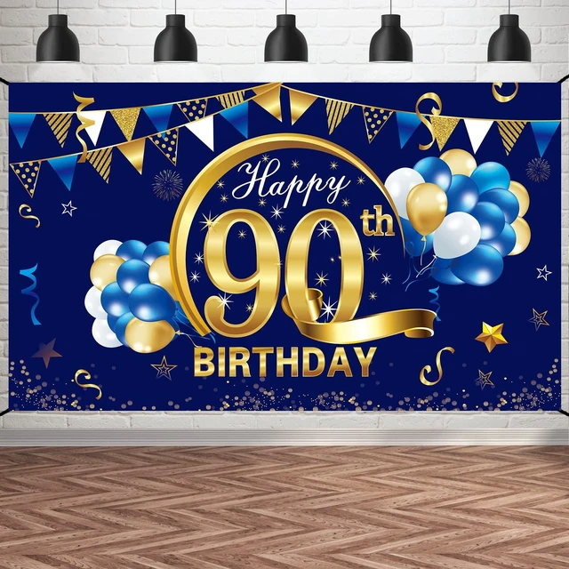Main image of Happy 90th Birthday Banner Decorations for Men - Blue Gold 90 Backdrop Party Supplies Year Old Photo Background Sign Decor, blue 90th
