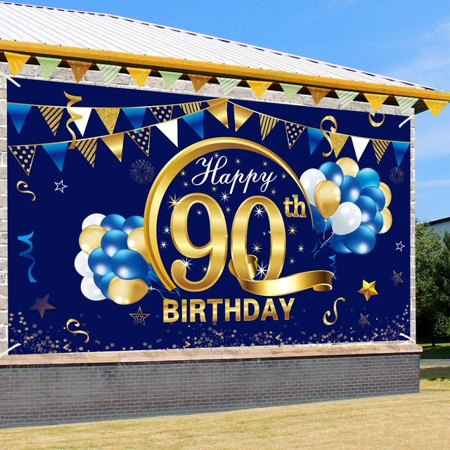 Alt view image 3 of 6 - Happy 90th Birthday Banner Decorations for Men - Blue Gold 90 Backdrop Party Supplies Year Old Photo Background Sign Decor, blue 90th