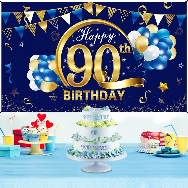 Alt view image 4 of 6 - Happy 90th Birthday Banner Decorations for Men - Blue Gold 90 Backdrop Party Supplies Year Old Photo Background Sign Decor, blue 90th