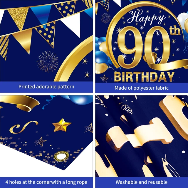 Alt view image 6 of 6 - Happy 90th Birthday Banner Decorations for Men - Blue Gold 90 Backdrop Party Supplies Year Old Photo Background Sign Decor, blue 90th
