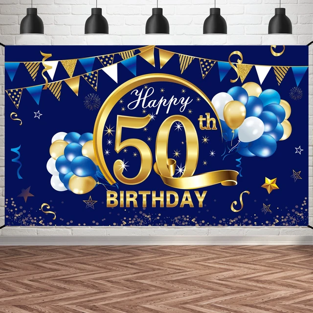 Main image of Happy 50th Birthday Decorations for Men, 50th Bday Background Blue Gold Backdrop Sign, 50th Photo Backdrop, Party Supplies for 50 Year Old