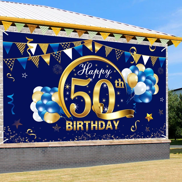 Alt view image 3 of 6 - Happy 50th Birthday Decorations for Men, 50th Bday Background Blue Gold Backdrop Sign, 50th Photo Backdrop, Party Supplies for 50 Year Old