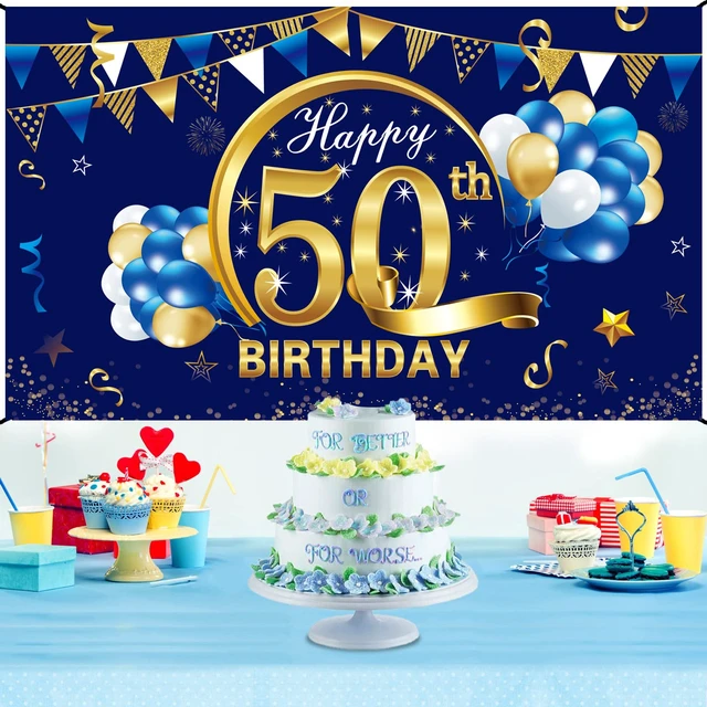 Alt view image 5 of 6 - Happy 50th Birthday Decorations for Men, 50th Bday Background Blue Gold Backdrop Sign, 50th Photo Backdrop, Party Supplies for 50 Year Old