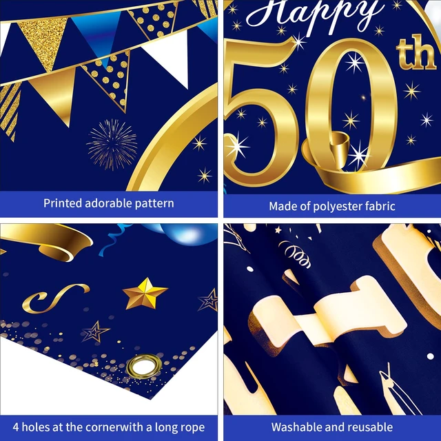 Alt view image 6 of 6 - Happy 50th Birthday Decorations for Men, 50th Bday Background Blue Gold Backdrop Sign, 50th Photo Backdrop, Party Supplies for 50 Year Old