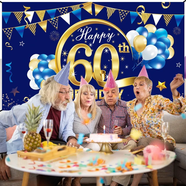 Alt view image 5 of 6 - Happy 60th Birthday Decorations for Men, 60th Bday Background Blue Gold Backdrop Sign, 60th Photo Backdrop, Party Supplies for 60 Year Old