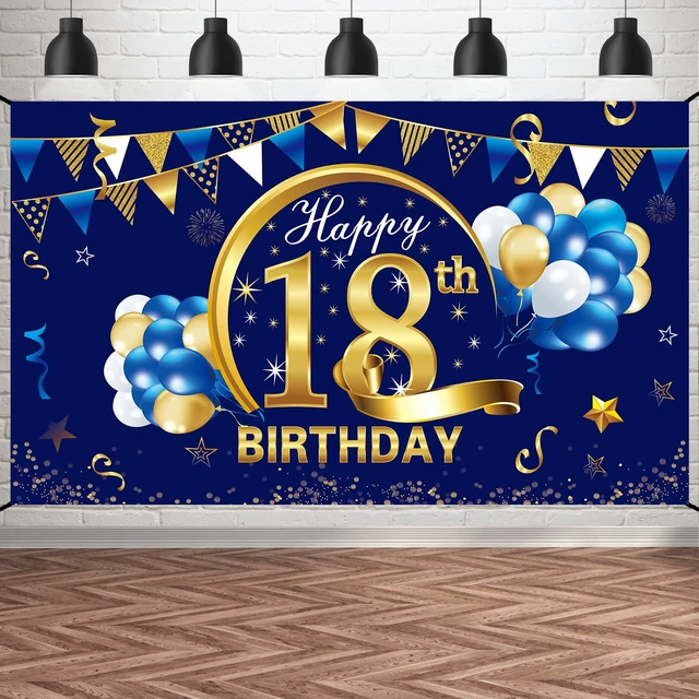 Main image of Happy 15th Birthday Decorations for Boys, 18th Bday Background Blue Gold Backdrop Sign, 16th Photo Backdrop, Party Supplies for 16 Year Old