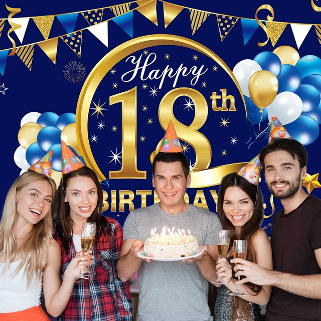Alt view image 4 of 6 - Happy 15th Birthday Decorations for Boys, 18th Bday Background Blue Gold Backdrop Sign, 16th Photo Backdrop, Party Supplies for 16 Year Old