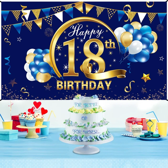 Alt view image 5 of 6 - Happy 15th Birthday Decorations for Boys, 18th Bday Background Blue Gold Backdrop Sign, 16th Photo Backdrop, Party Supplies for 16 Year Old