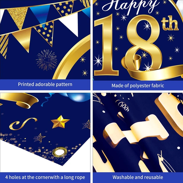 Alt view image 6 of 6 - Happy 15th Birthday Decorations for Boys, 18th Bday Background Blue Gold Backdrop Sign, 16th Photo Backdrop, Party Supplies for 16 Year Old