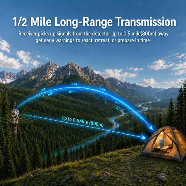 Alt view image 3 of 7 - Wireless Radar Motion Detector Sensor, No Receiver, Desert Camo Add-On Accessory Only1/2 Mile Range, 50ft Detection, Weatherproof, Rechargeable Outdoor Security for Camping Home Driveway