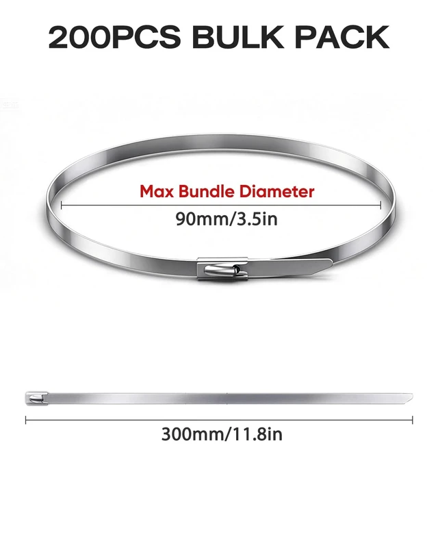 Alt view image 2 of 7 - 304 Stainless Steel Cable Ties, 200 Pack, 11.8 Inch Metal Zip Ties Heavy-duty metal zip ties: exhaust wrap, fencing, automotive, farm, outdoor and industrial use; linkable for larger bundles