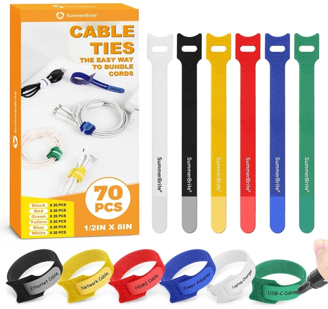 Main image of Cable Ties with Writable Labels, Cord Organizer, Multi-Color, 70 PCS, 8 IN Reusable Cable Organizer Straps, Hook & Loop Wire Management for Electronics, Home Office, PC Desk & Travel