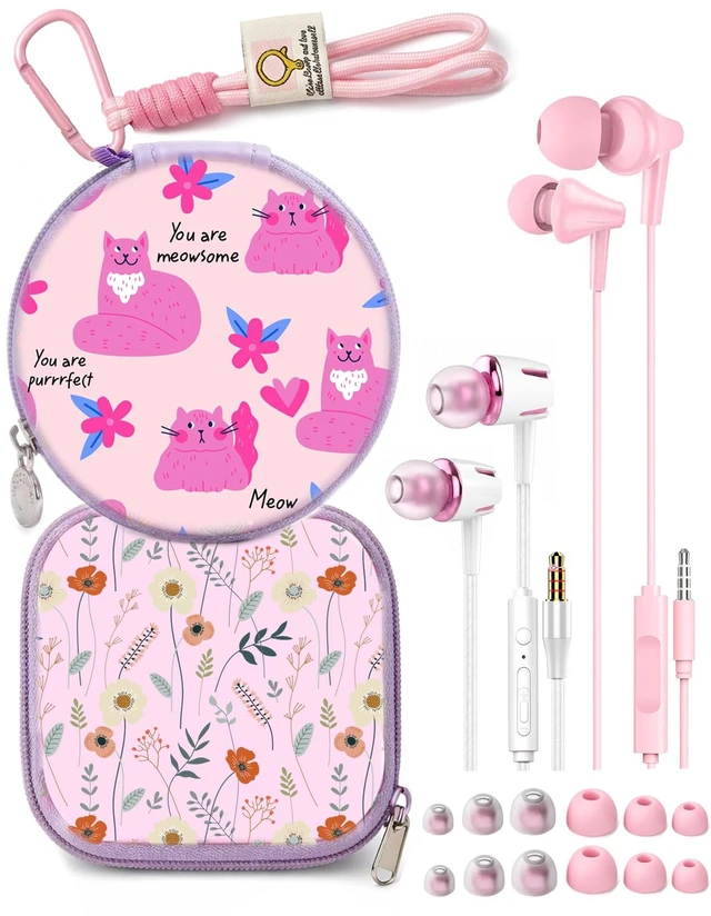 Main image of 2-Pack Teens Wired Earbuds with Cases, 3.5mm School Headphones,Kitty&Floret 2-Pack Wired Student Earbuds with Braided Lanyard Carabiner Clips to Attach on School Backpacks, 2 Cases & Mics