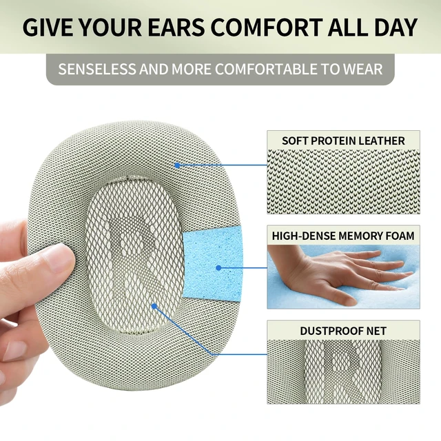 Alt view image 3 of 7 - Ear Cushions for Apple AirPods Max Headphones Replacement Leather Earpads Sweat Proof Ear Cups Cushion Easy to Install with Magnet, Protein Leather and Memory Foam(Silver)