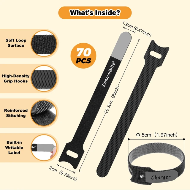 Alt view image 2 of 7 - Cable Ties with Writable Labels, Cord Management, Black, 70 PCS, 8 IN Reusable Cord Organizer Straps, Hook & Loop Wire Management for Electronics, Home Office, PC Desk & Travel