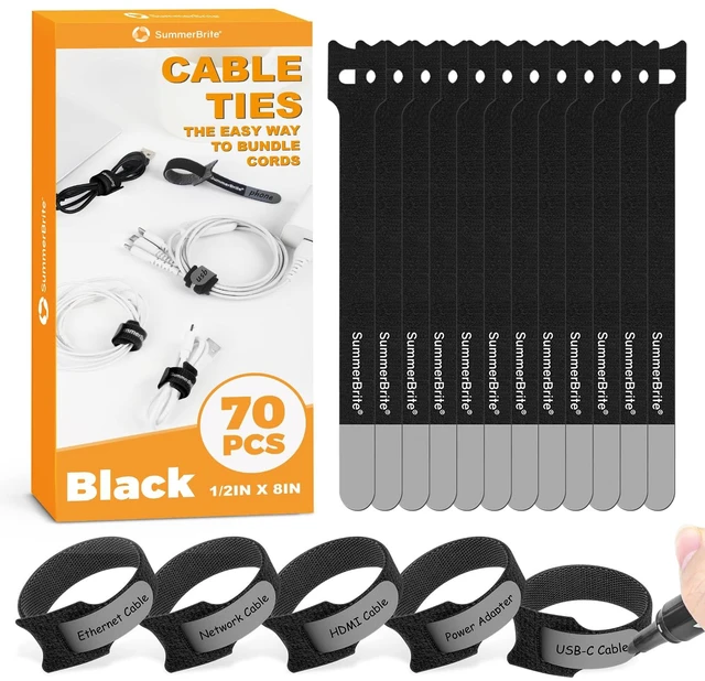 Main image of Cable Ties with Writable Labels, Cord Management, Black, 70 PCS, 8 IN Reusable Cord Organizer Straps, Hook & Loop Wire Management for Electronics, Home Office, PC Desk & Travel