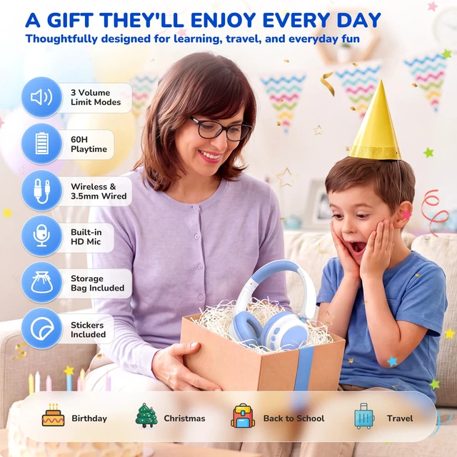 Alt view image 6 of 7 - Kids Bluetooth Headphones for Toddler Travel, 74/85/94dB Limit-Blue 60H Playtime, Bluetooth 6.0, Storage Bag&Sticker, Aux Cable, Lightweight Kids Wireless Headphones for Boy/Girl/iPad/Tablet/PC