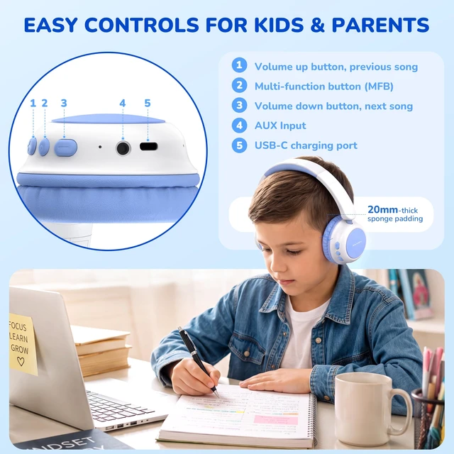Alt view image 7 of 7 - Kids Bluetooth Headphones for Toddler Travel, 74/85/94dB Limit-Blue 60H Playtime, Bluetooth 6.0, Storage Bag&Sticker, Aux Cable, Lightweight Kids Wireless Headphones for Boy/Girl/iPad/Tablet/PC