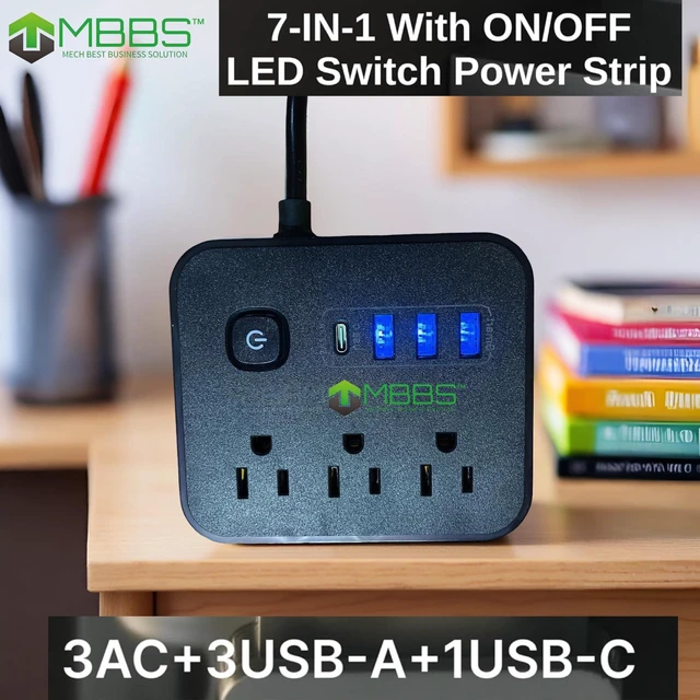 Alt view image 5 of 7 - 5ft Surge Protector Power Strip with USB C, 1200J Protection, Heavy Duty Extension Cord (7-in-1) 3 AC Outlets, 4 USB Ports, LED On/Off Switch Compact & Travel Friendly Home, Office (Black)