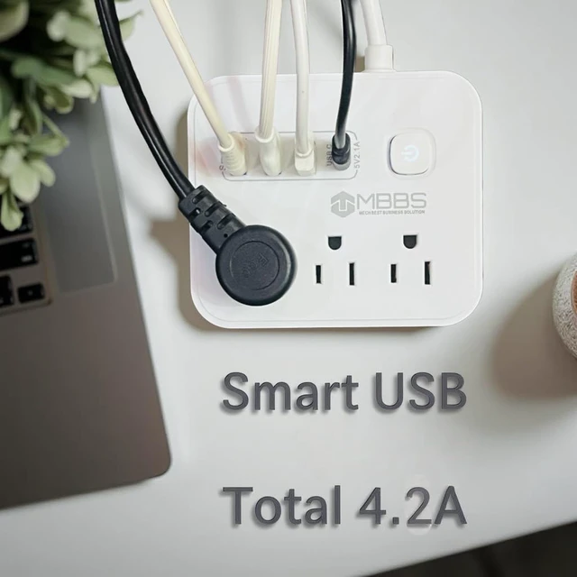Alt view image 7 of 7 - 6.5 ft Surge Protector Power Strip with USB C, 1200J Protection, Heavy Duty Extension Cord (7-in-1) 3 AC Outlets, 4 USB Ports, LED On/Off Switch Compact & Travel Friendly Home, Office (White)