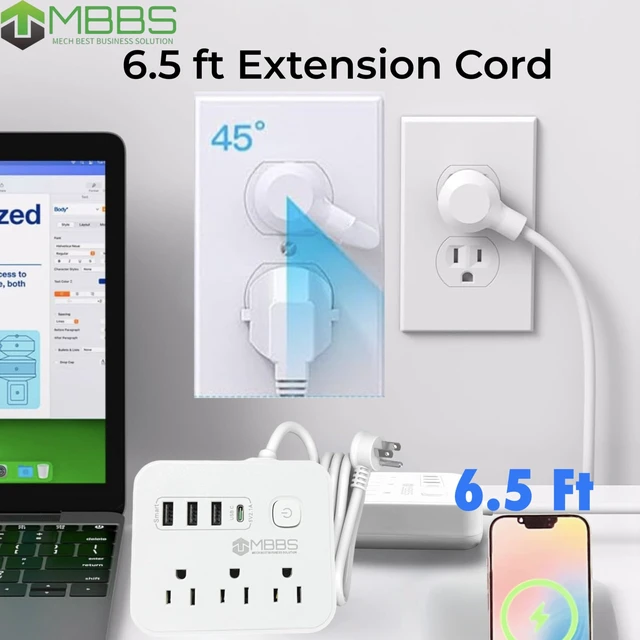 Alt view image 4 of 7 - 6.5 ft Surge Protector Power Strip with USB C, 1200J Protection, Heavy Duty Extension Cord (7-in-1) 3 AC Outlets, 4 USB Ports, LED On/Off Switch Compact & Travel Friendly Home, Office (White)