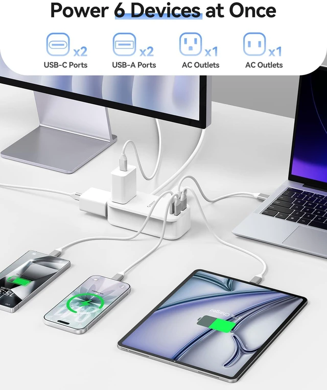 Alt view image 3 of 7 - 100W GaN Power Strip for Laptop, 6 in 1 Travel Extension Cord with 2 AC Outlets, 2 USB-A, 2 USB-C Ports, 5ft Wrap-around Flat Plug for Travel/Office/Cruise Essentials ETL Listed