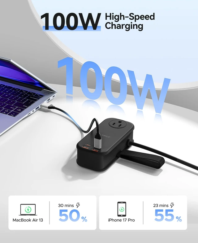 Alt view image 2 of 7 - 100W GaN Power Strip for Laptop, 6 in 1 Travel Extension Cord with 2 AC Outlets, 2 USB-A, 2 USB-C Ports, 5ft Wrap-around Flat Plug for Travel/Office/Cruise Essentials ETL Listed