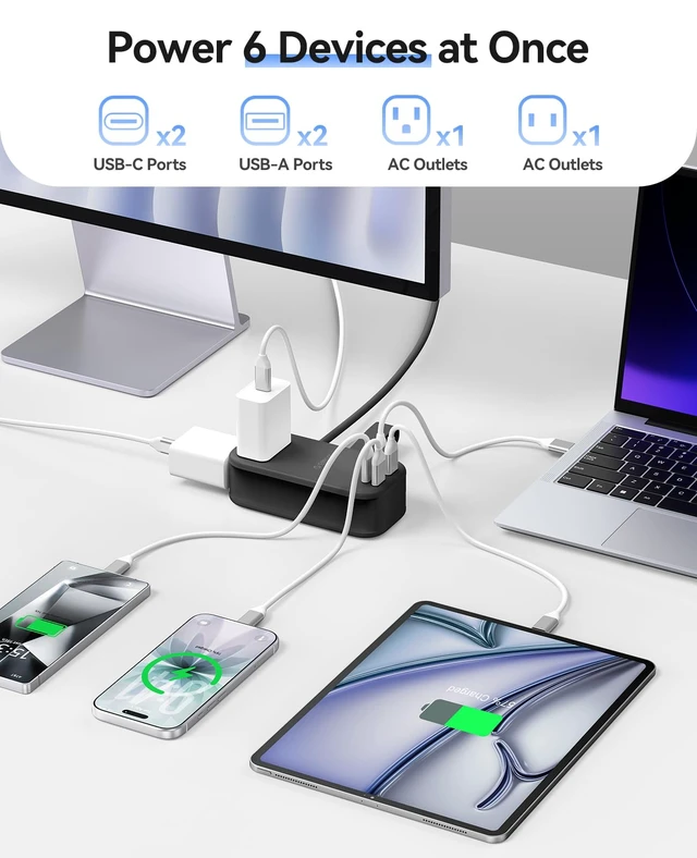 Alt view image 3 of 7 - 100W GaN Power Strip for Laptop, 6 in 1 Travel Extension Cord with 2 AC Outlets, 2 USB-A, 2 USB-C Ports, 5ft Wrap-around Flat Plug for Travel/Office/Cruise Essentials ETL Listed