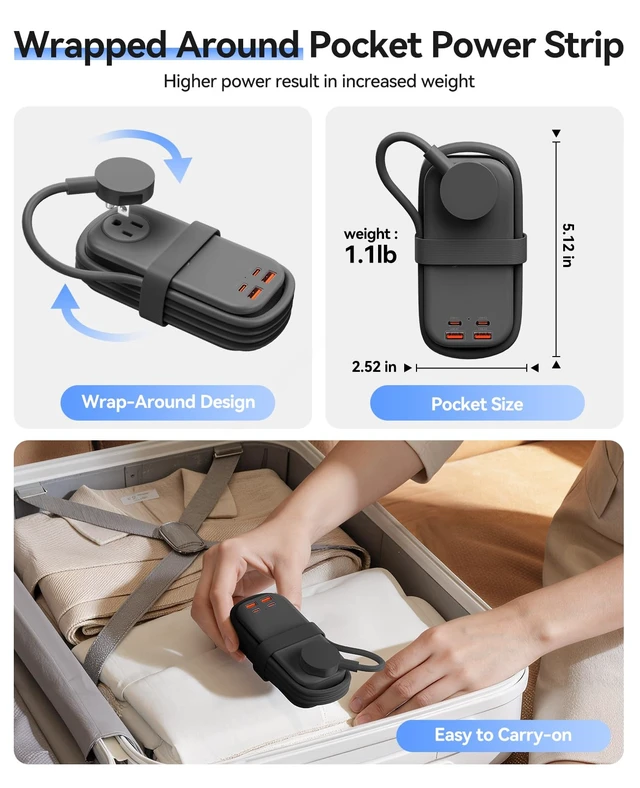 Alt view image 4 of 7 - 100W GaN Power Strip for Laptop, 6 in 1 Travel Extension Cord with 2 AC Outlets, 2 USB-A, 2 USB-C Ports, 5ft Wrap-around Flat Plug for Travel/Office/Cruise Essentials ETL Listed