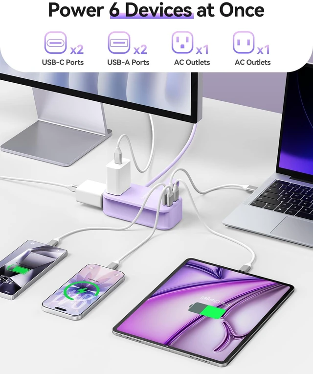 Alt view image 3 of 7 - 100W GaN Power Strip for Laptop, 6 in 1 Travel Extension Cord with 2 AC Outlets, 2 USB-A, 2 USB-C Ports, 5ft Wrap-around Flat Plug for Travel/Office/Cruise Essentials ETL Listed