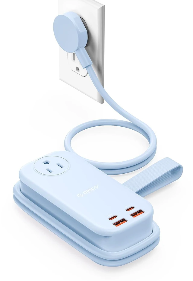 Main image of 100W GaN Power Strip for Laptop, 6 in 1 Travel Extension Cord with 2 AC Outlets, 2 USB-A, 2 USB-C Ports, 5ft Wrap-around Flat Plug for Travel/Office/Cruise Essentials ETL Listed