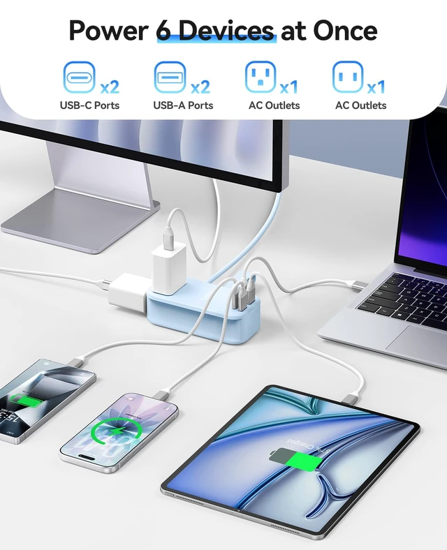 Alt view image 3 of 7 - 100W GaN Power Strip for Laptop, 6 in 1 Travel Extension Cord with 2 AC Outlets, 2 USB-A, 2 USB-C Ports, 5ft Wrap-around Flat Plug for Travel/Office/Cruise Essentials ETL Listed