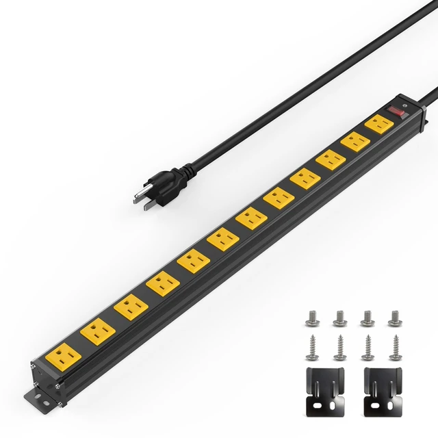 Main image of Long Power Strip, 12 Outlet Strip, Widely Spaced, 6FT Cord Wall Mount, 1.97 In Wide Spacing, Aluminum Housing, 15A/1875W, Surge Protection, ETL Listed for Garage, Workshop, Classroom