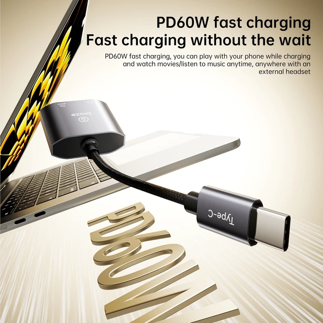 Alt view image 2 of 7 - USBC to 3.5 mm Headphone & Charger Adapter 60 W PD Fast Charging, HiRes DAC, CallReady, Compact Aluminium Splitter for Phone/Android/Tablet