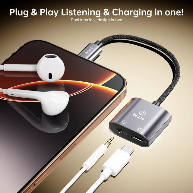 Alt view image 3 of 7 - USBC to 3.5 mm Headphone & Charger Adapter 60 W PD Fast Charging, HiRes DAC, CallReady, Compact Aluminium Splitter for Phone/Android/Tablet