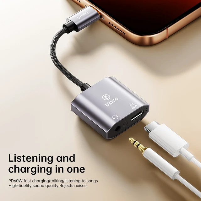 Alt view image 6 of 7 - USBC to 3.5 mm Headphone & Charger Adapter 60 W PD Fast Charging, HiRes DAC, CallReady, Compact Aluminium Splitter for Phone/Android/Tablet