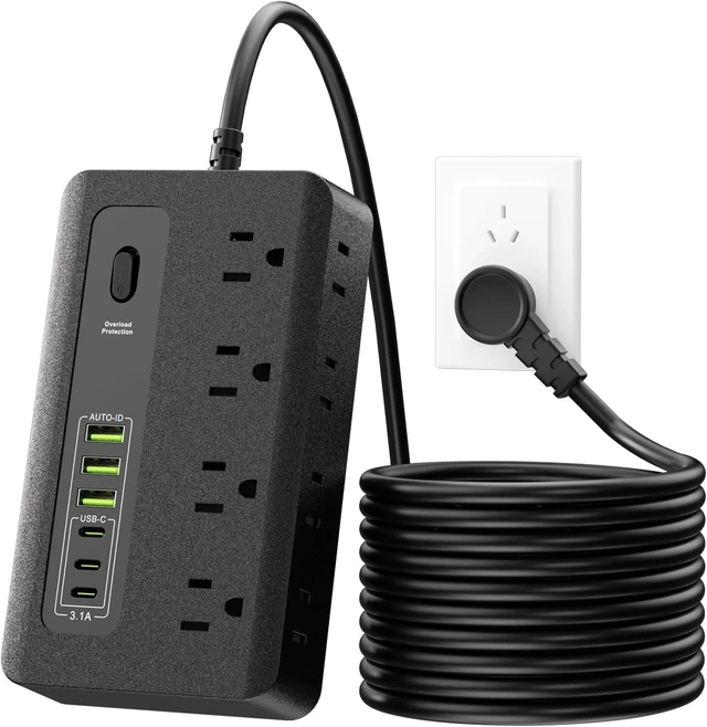 Alt view image 2 of 7 - Power Strip with USB, 6 Ft Surge Protector Flat Plug Extension Cord with 8 Outlets 3 USB Ports & 3 Type-C Port (5V/3A), Outlet Extender for Home Office,Black