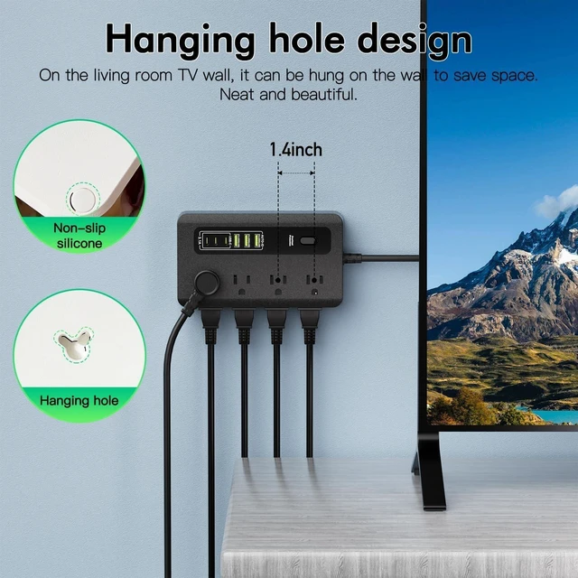 Alt view image 3 of 7 - Power Strip with USB, 6 Ft Surge Protector Flat Plug Extension Cord with 8 Outlets 3 USB Ports & 3 Type-C Port (5V/3A), Outlet Extender for Home Office,Black