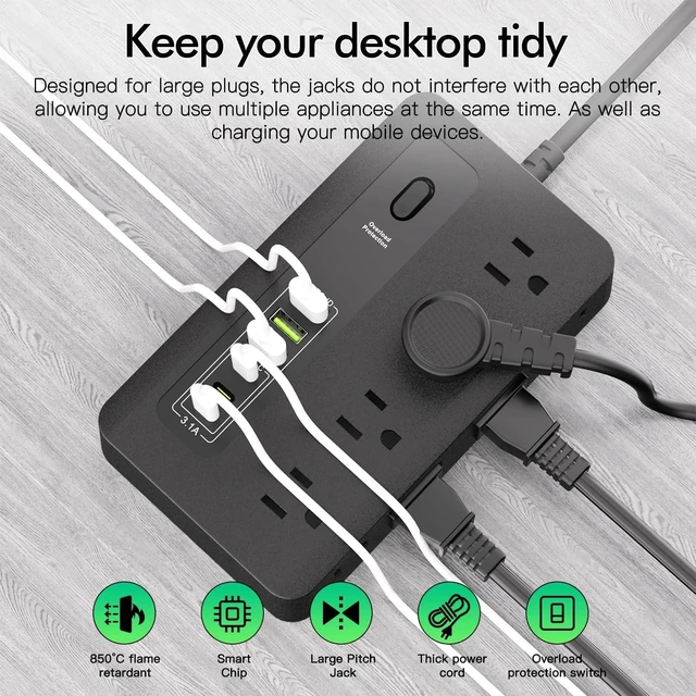 Alt view image 4 of 7 - Power Strip with USB, 6 Ft Surge Protector Flat Plug Extension Cord with 8 Outlets 3 USB Ports & 3 Type-C Port (5V/3A), Outlet Extender for Home Office,Black