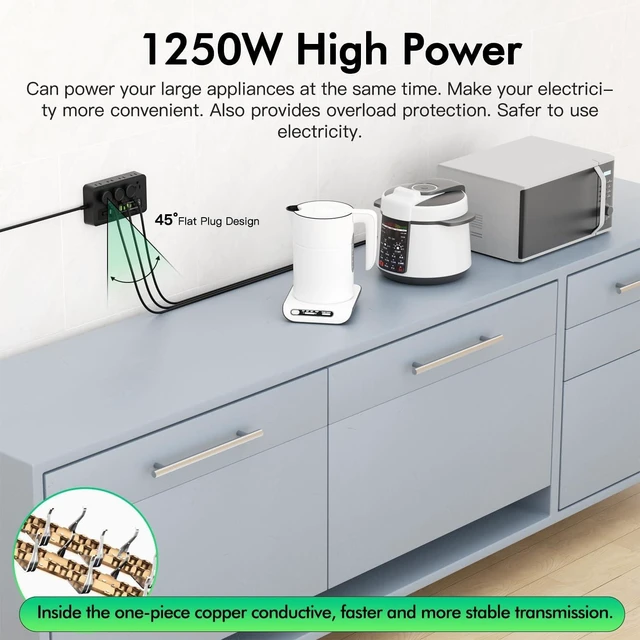Alt view image 5 of 7 - Power Strip with USB, 6 Ft Surge Protector Flat Plug Extension Cord with 8 Outlets 3 USB Ports & 3 Type-C Port (5V/3A), Outlet Extender for Home Office,Black