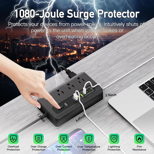 Alt view image 6 of 7 - Power Strip with USB, 6 Ft Surge Protector Flat Plug Extension Cord with 8 Outlets 3 USB Ports & 3 Type-C Port (5V/3A), Outlet Extender for Home Office,Black