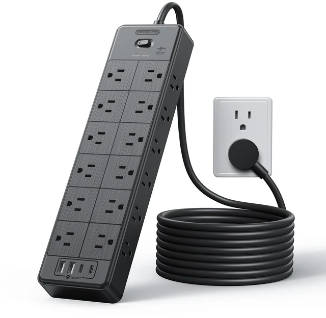 Main image of Large Power Strip Surge Protector, 10FT Extension Cord with 24 AC Outlets, 1875W/15A, 4000 Joules Flat Plug Power Extender for Home, Office, Dorm, Gaming Room, Black