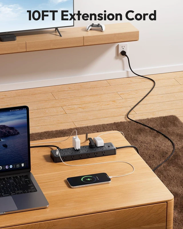 Alt view image 2 of 6 - Large Power Strip Surge Protector, 10FT Extension Cord with 24 AC Outlets, 1875W/15A, 4000 Joules Flat Plug Power Extender for Home, Office, Dorm, Gaming Room, Black