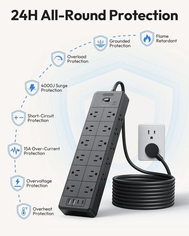 Alt view image 6 of 6 - Large Power Strip Surge Protector, 10FT Extension Cord with 24 AC Outlets, 1875W/15A, 4000 Joules Flat Plug Power Extender for Home, Office, Dorm, Gaming Room, Black