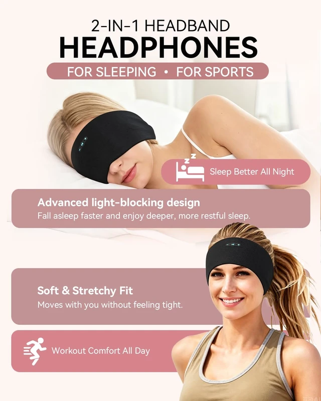 Alt view image 2 of 7 - Sleep Headphones Bluetooth 6.0 Stretchable Headband,One Size 200mah cell for 20hr playback, 3.5mm ultra-thin speaker & mic, HD stereo, removable & washable, 2-in-1 sport & sleep headband